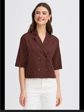 Women's Brown Double-Breasted Short-Sleeve Button-Down Shirt